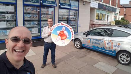Southport Comedy Festival Director Brendan Riley (left) with Anthony James Estate Agents Owner Mark Cunningham (right)